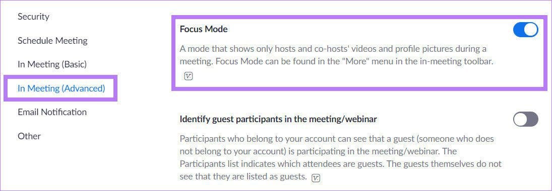 Focus mode enabled zoom account