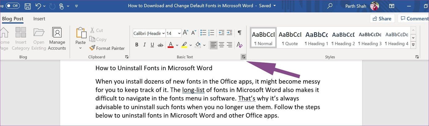Font advanced menu