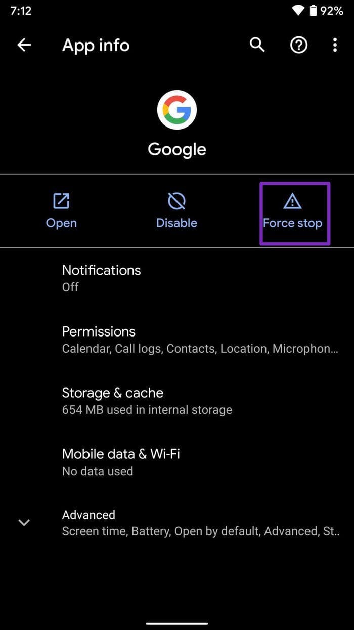 Force stop google app