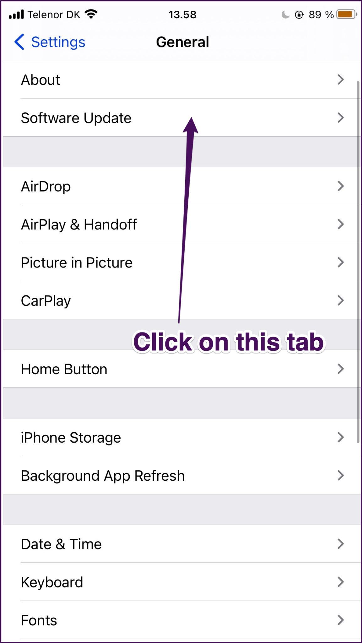 General software update tab