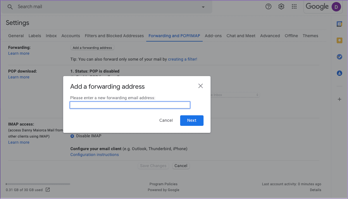 Gmail add forwarding address