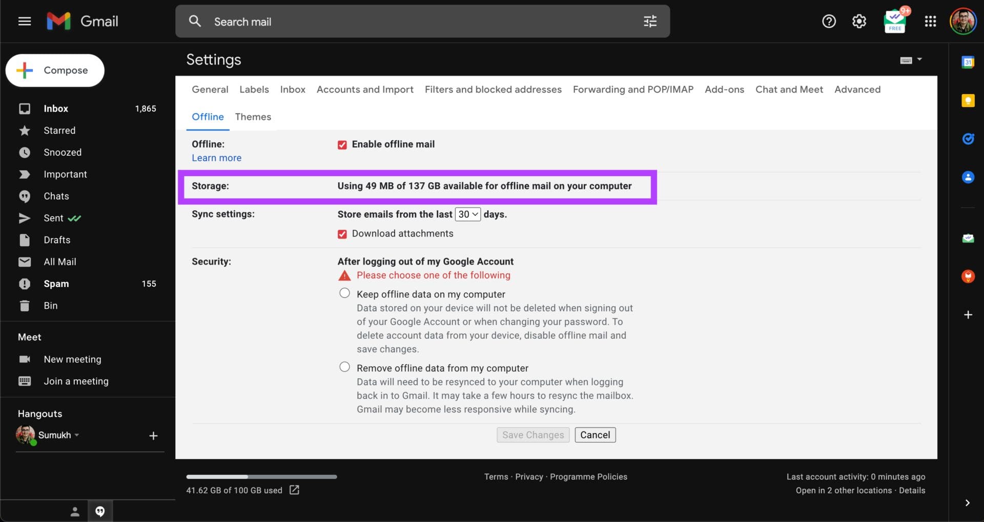 Required storage for gmail offline