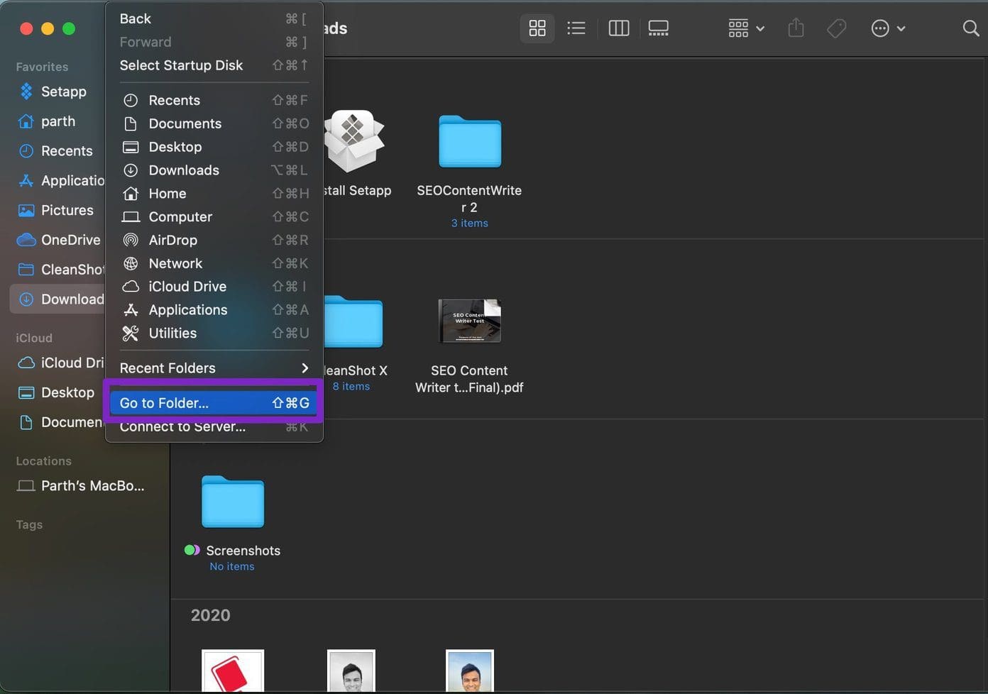 Go to folder menu