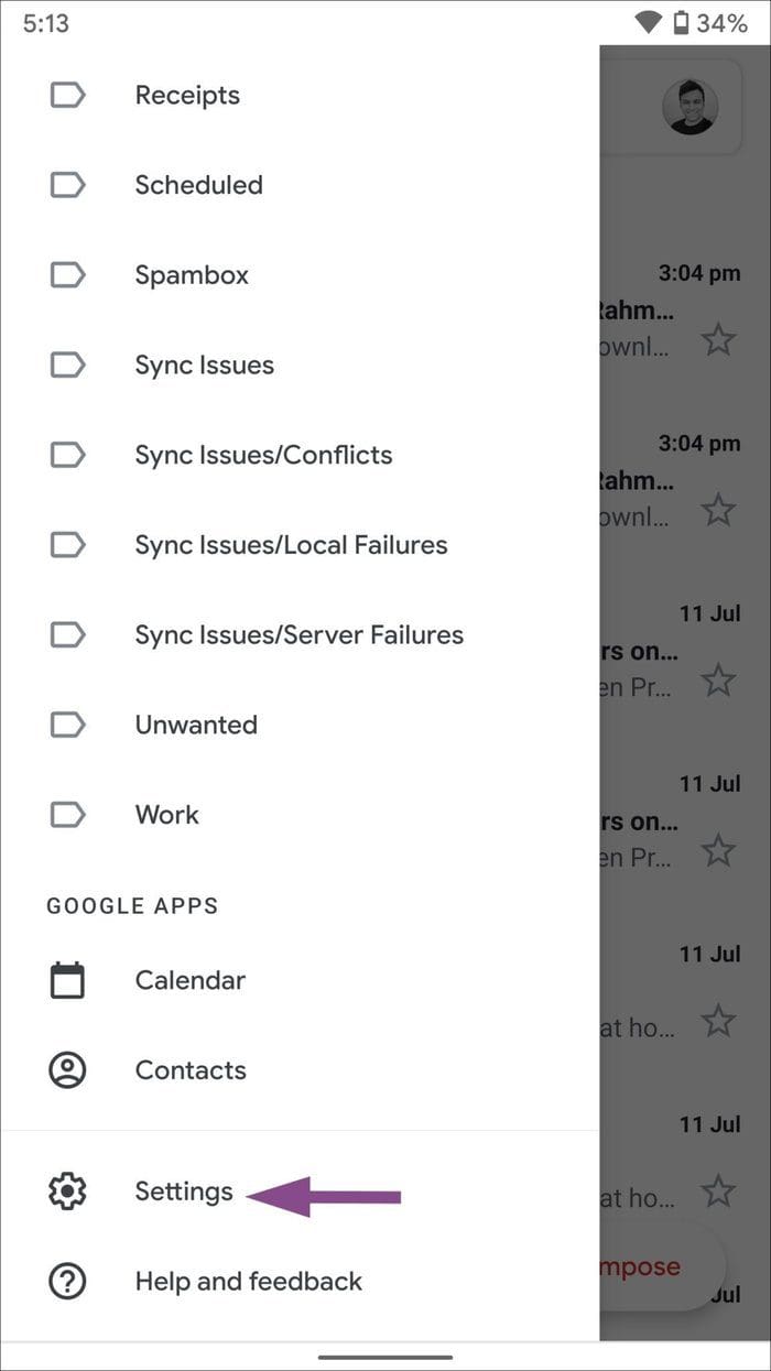 Go to gmail app settings