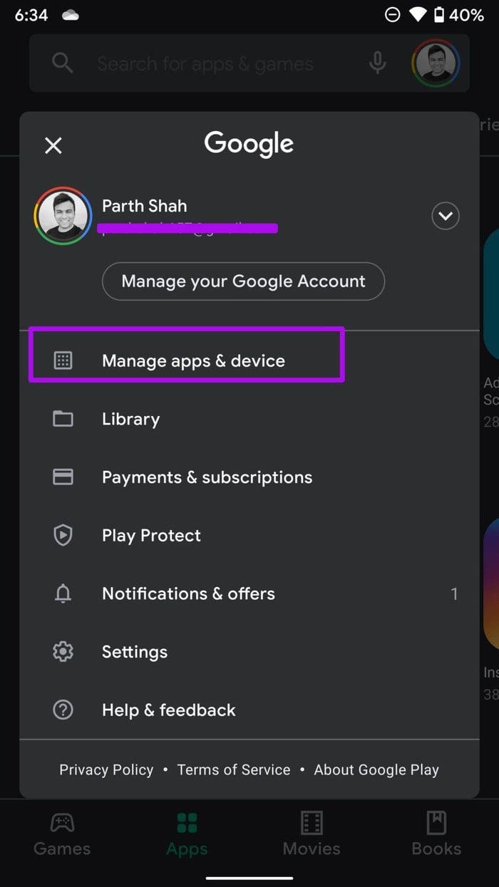 Go to manage apps menu