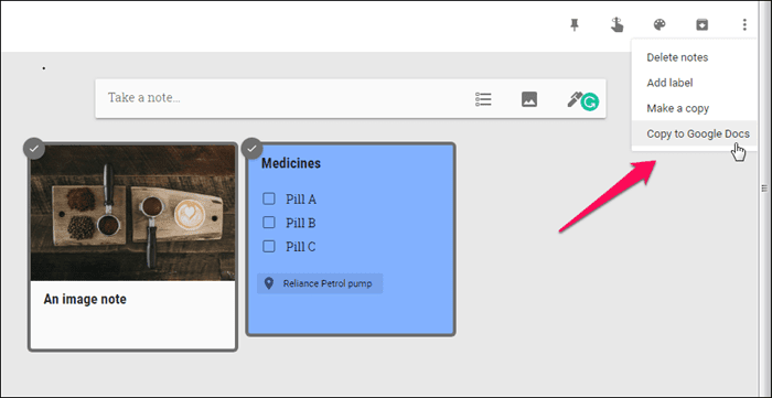 Google Docs Option In Google Keep