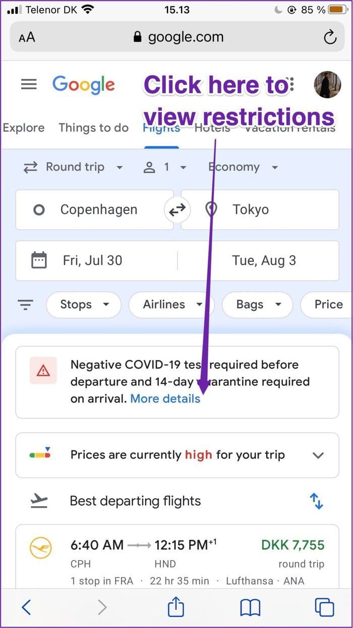 Google flights view restrictions