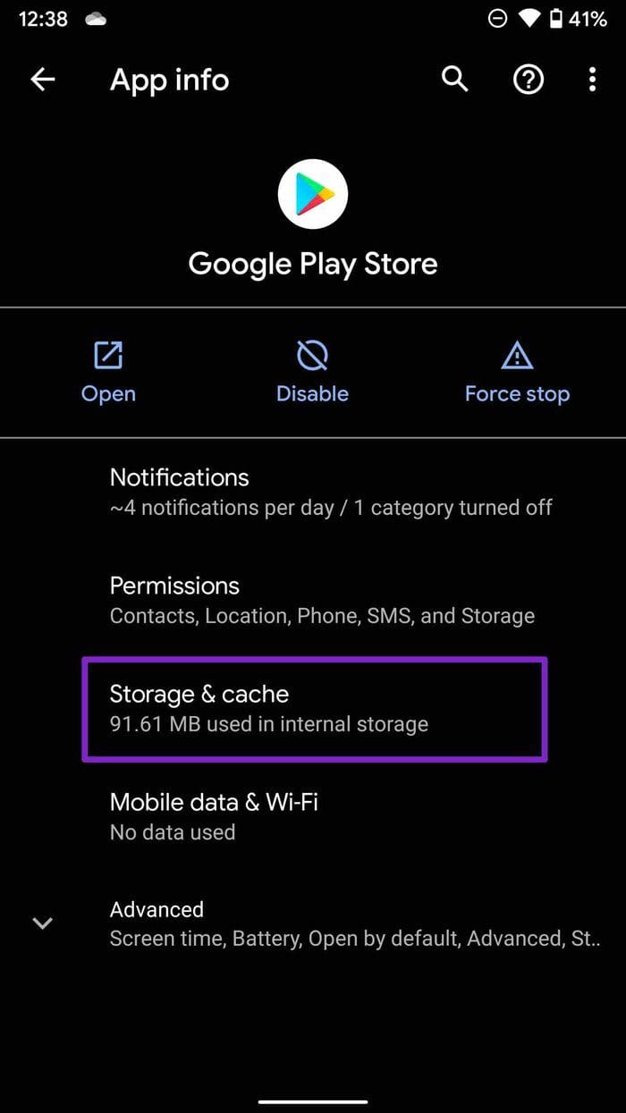 Google play store storage and cache