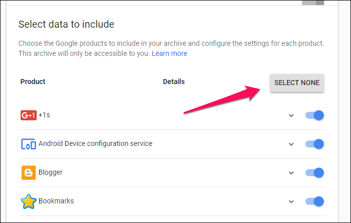 Google Takeout Deselect Option