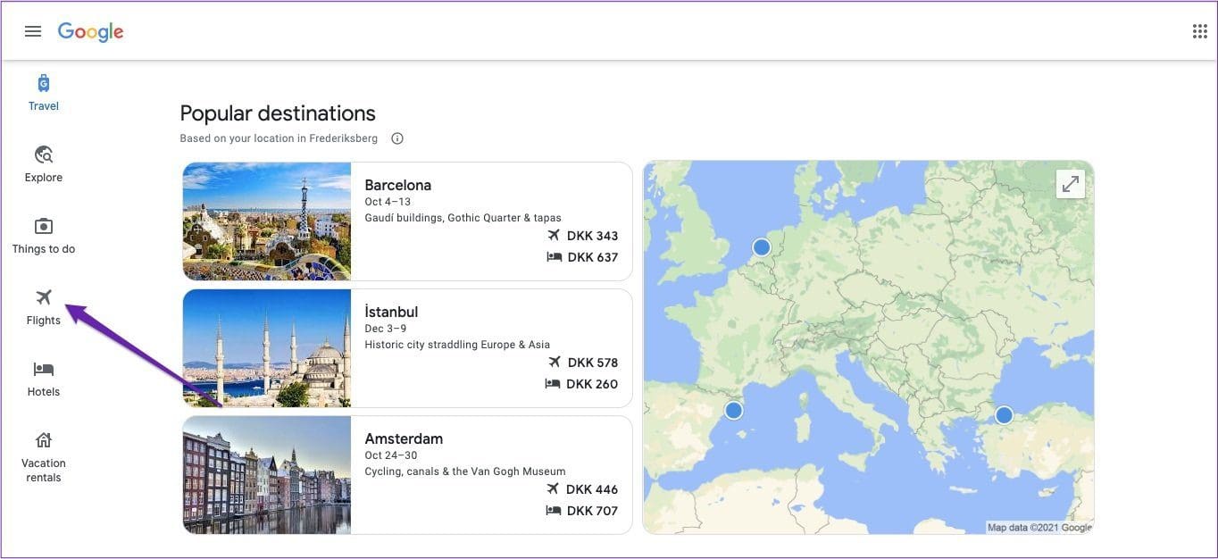 Google travel book flights tab