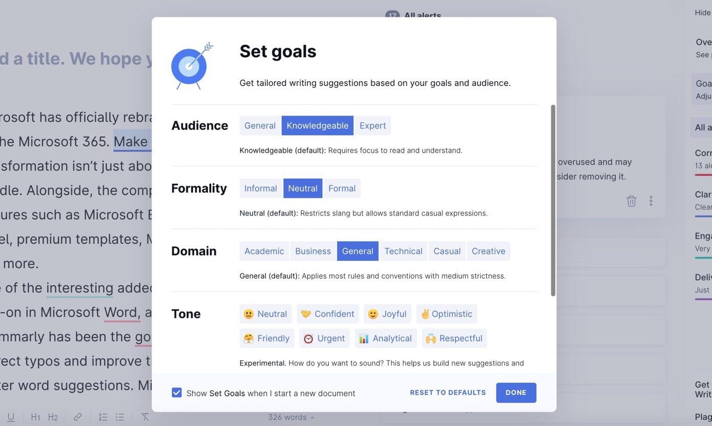 Grammarly goals