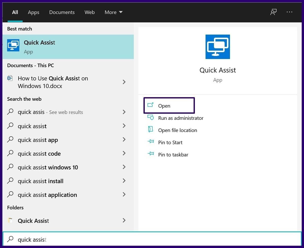 Guide to using quick assist on windows 10 step 2