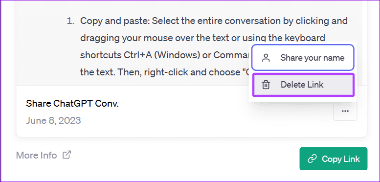 hit delete link to delete the ChatGPT shared links