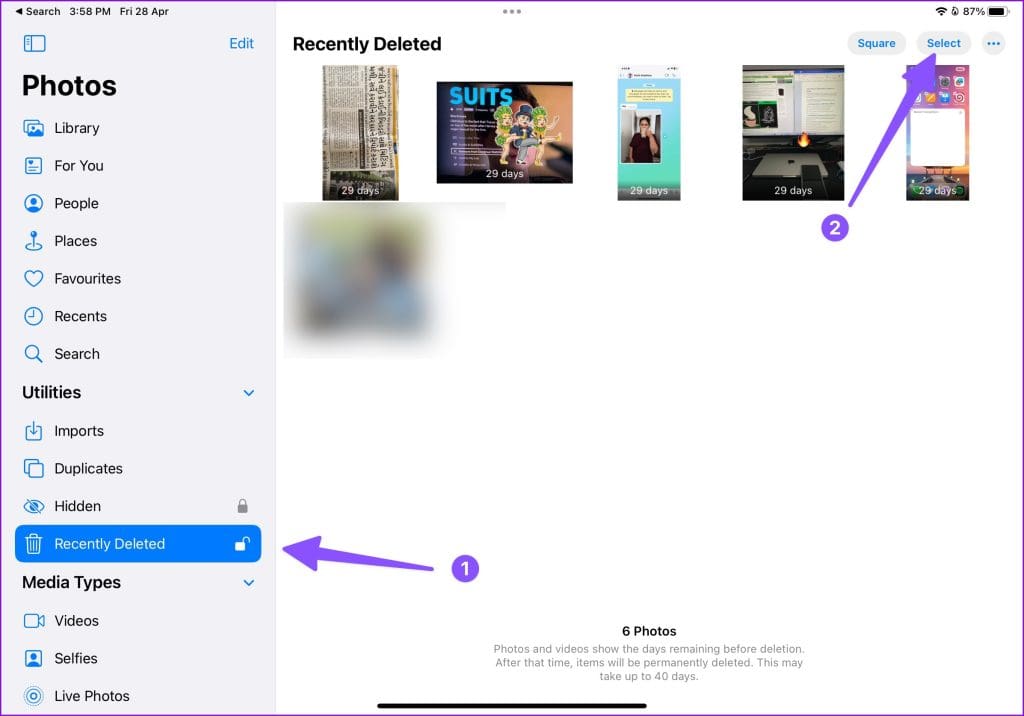 recently deleted menu on iPad