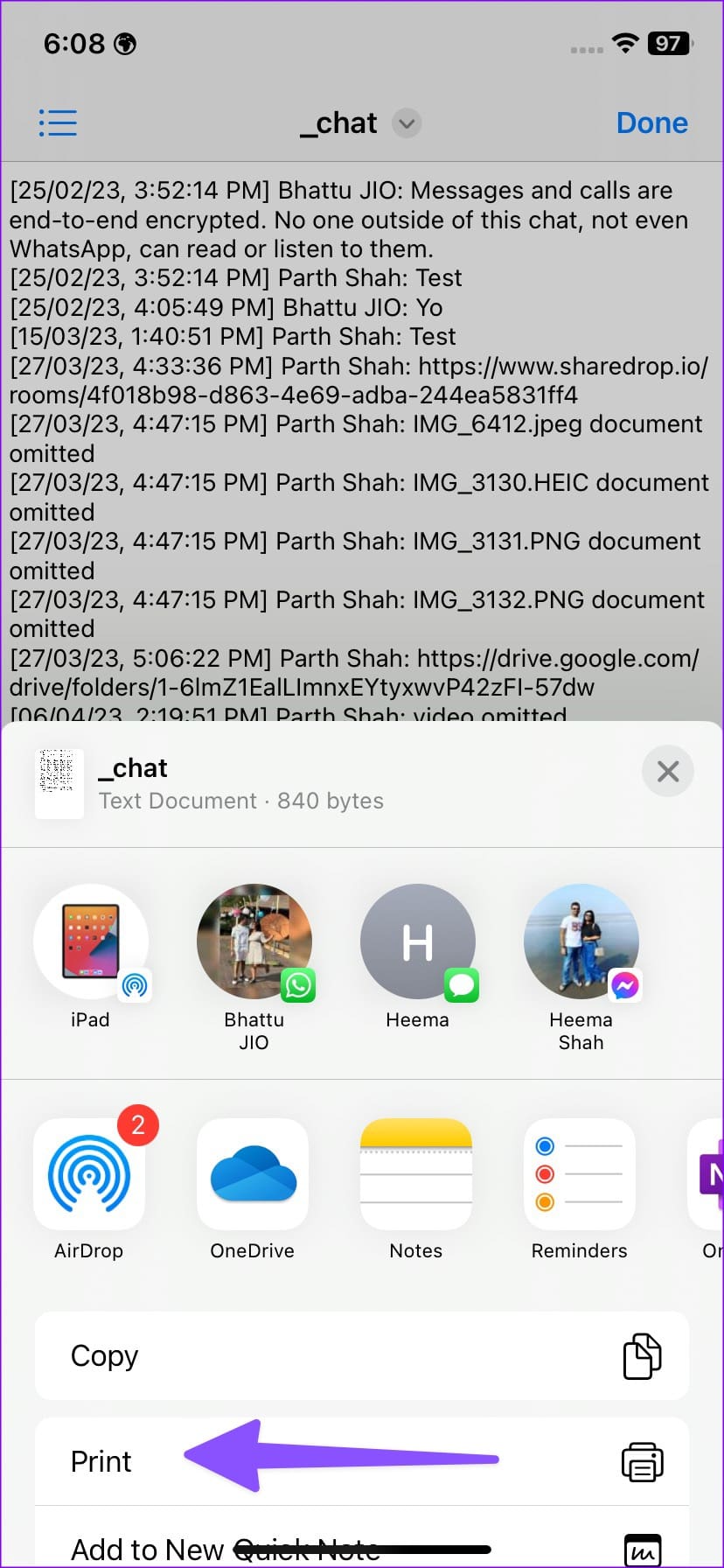 print whatsapp chat on iPhone