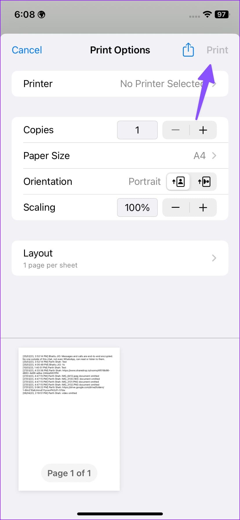 print whatsapp messages on iPhone
