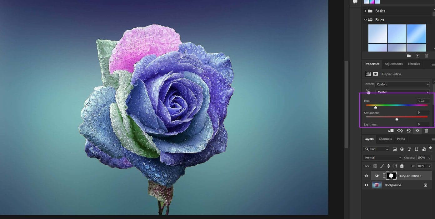 Hue properties in photoshop