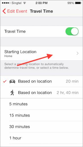 I Phone Calendar Starting Location