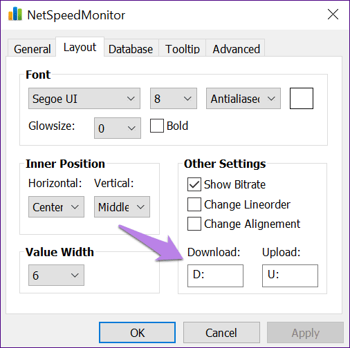 customize initials for download and upload speeds