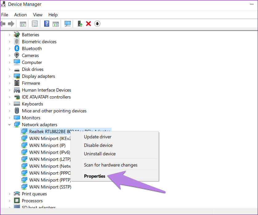 Right-click your network adapter and select Properties