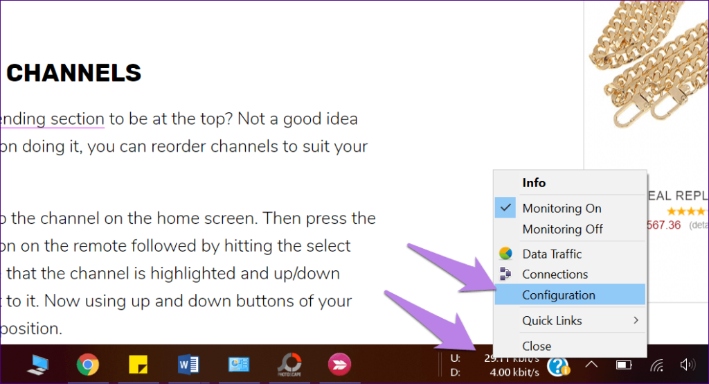 Right-click network speed monitor and select Configuration
