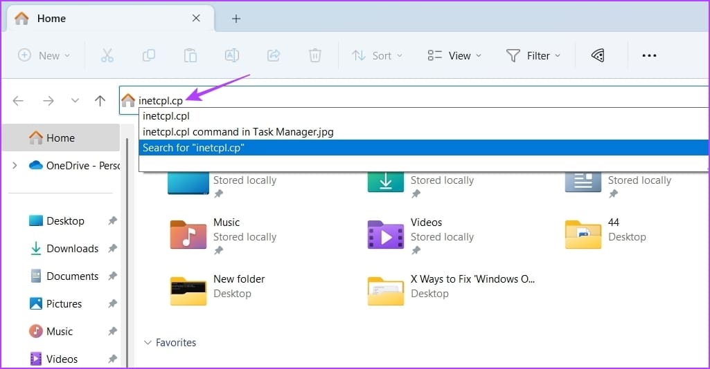 searching for inetcpl.cpl command in File Explorer