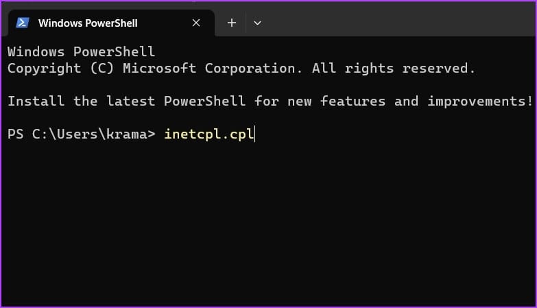searching for inetcpl.cpl command in PowerShell