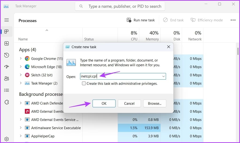 searching for inetcpl.cpl command in Task Manager