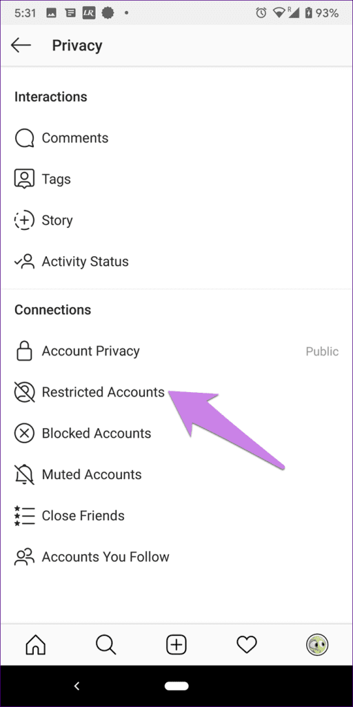 Restricted accounts menu