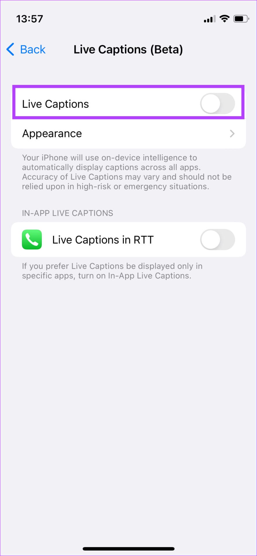 live captions toggle