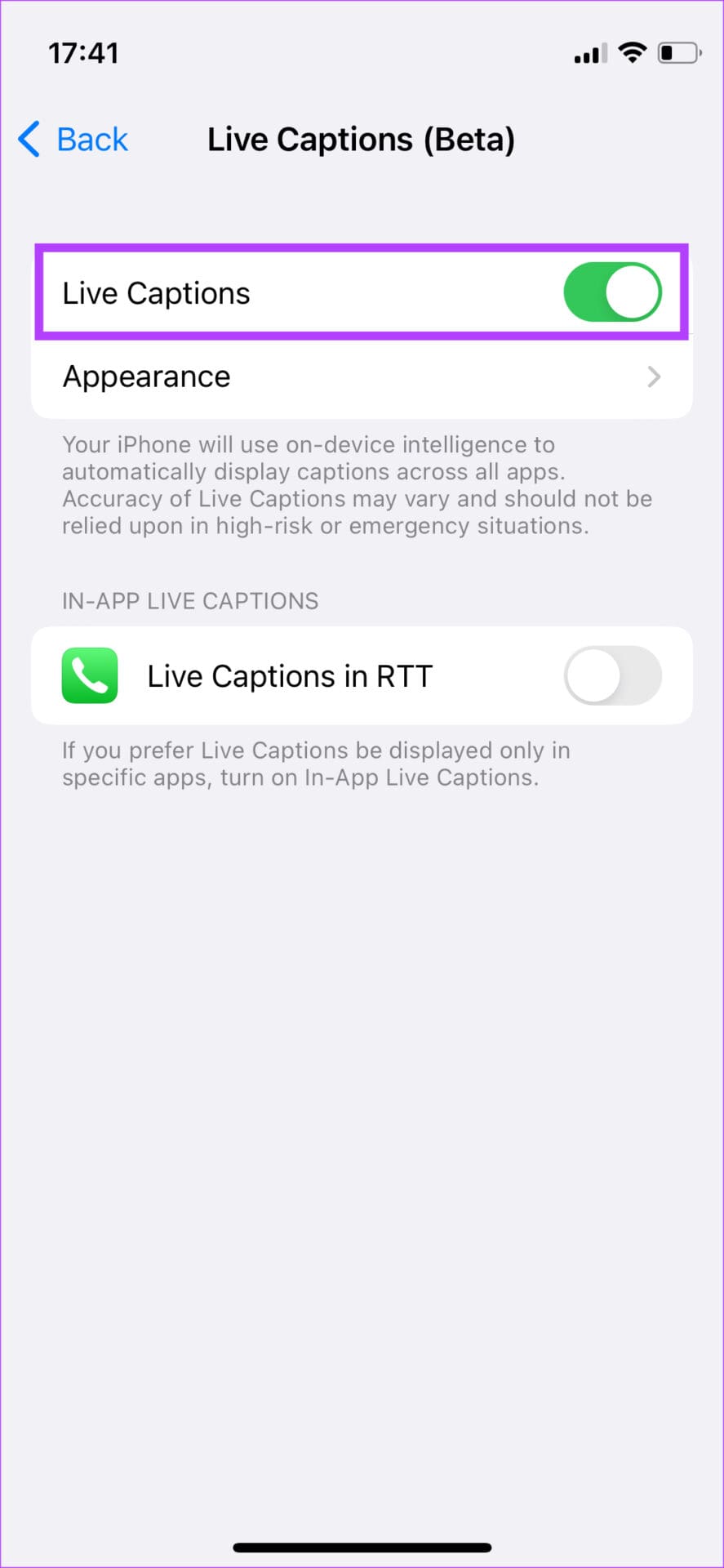 enable live caption toggle
