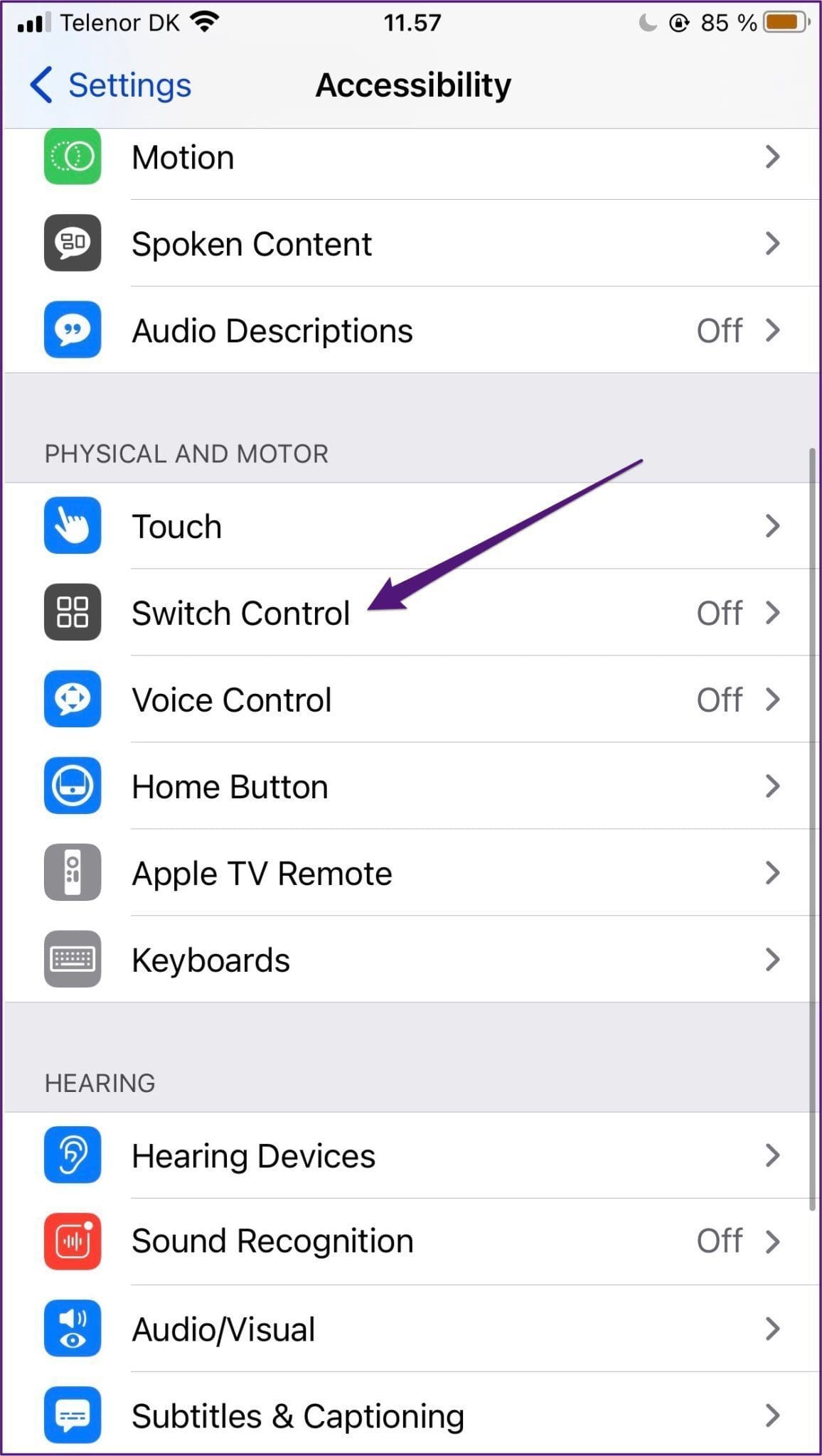 Ios settings switch control