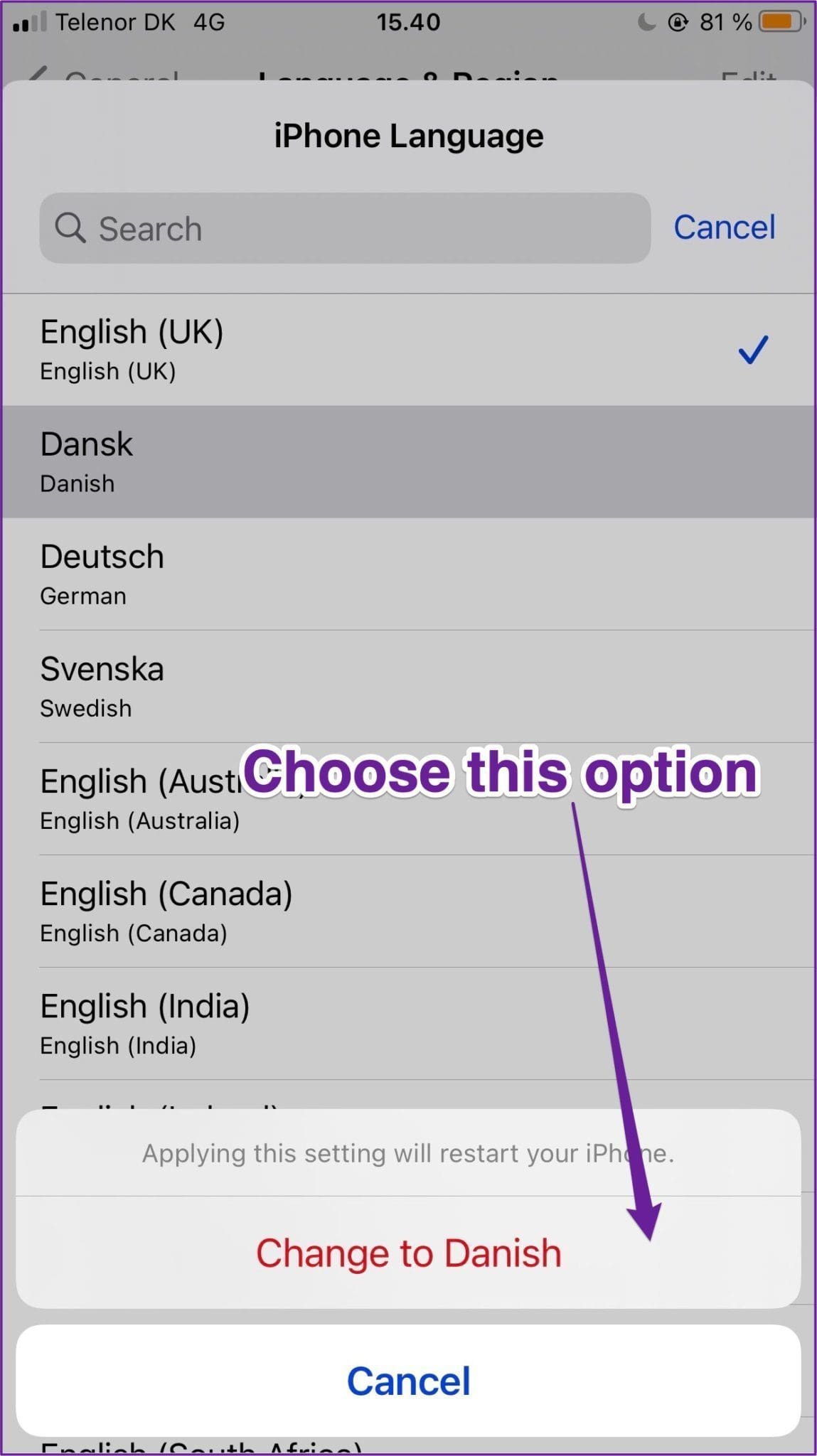 Iphone change language confirmation
