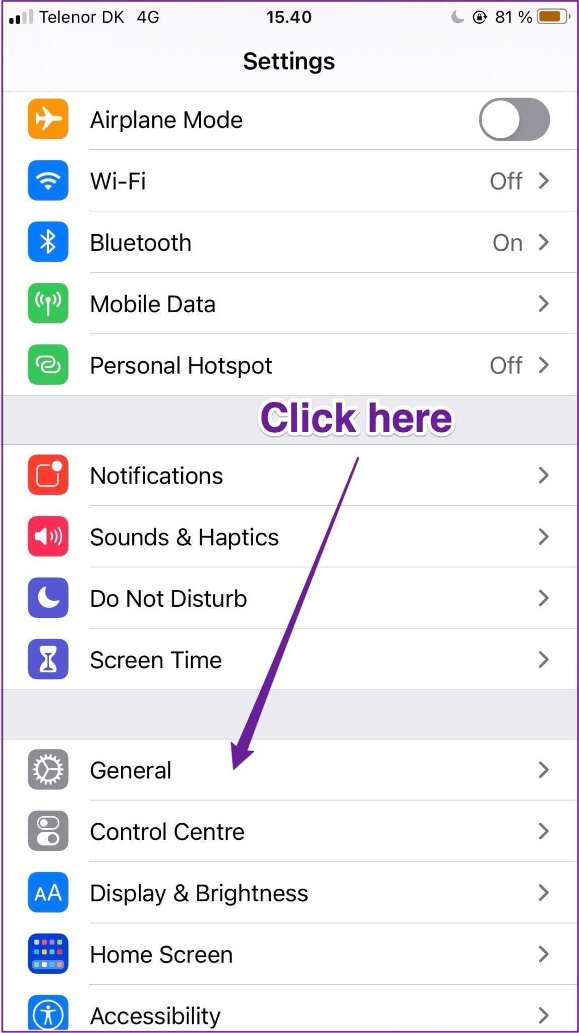 Iphone settings general app