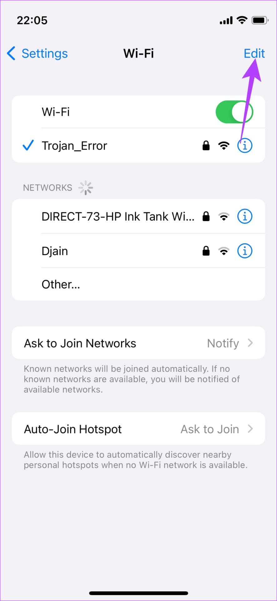 Edit button in Wi-Fi settings