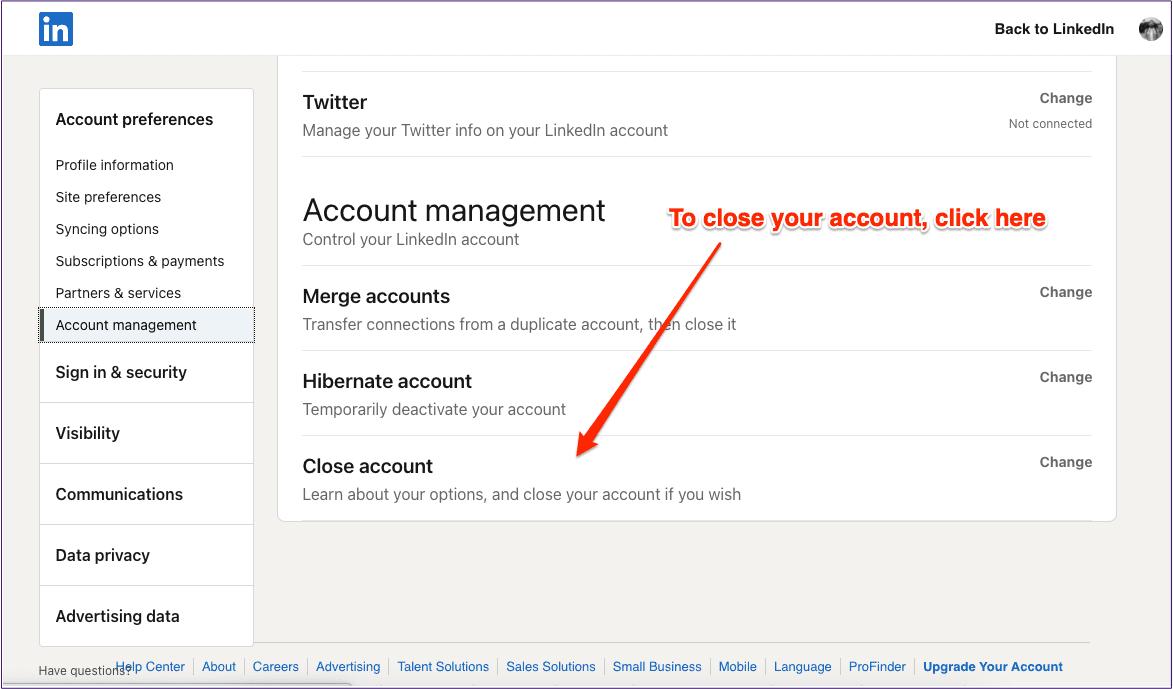 Linkedin close account account preferences