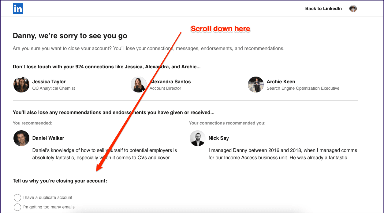 Linkedin close account message