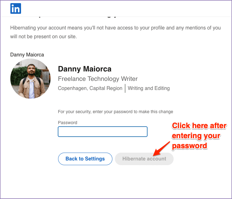 Linkedin hibernate account password