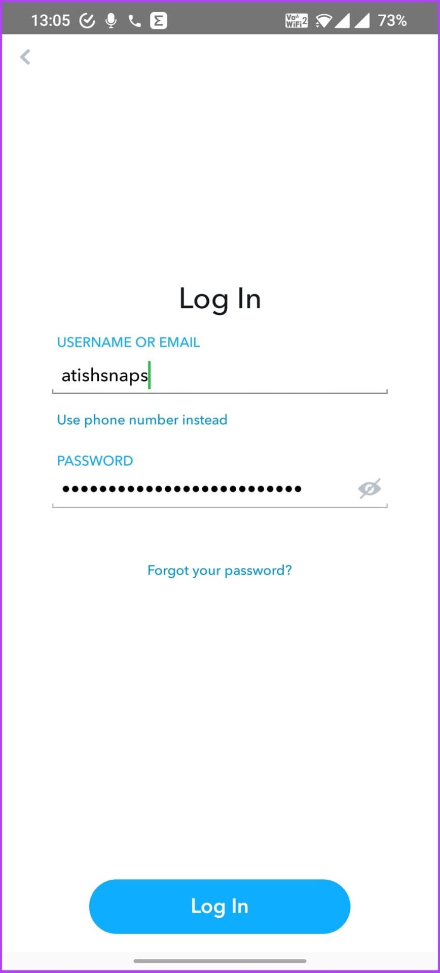 Log in to the Snapchat account