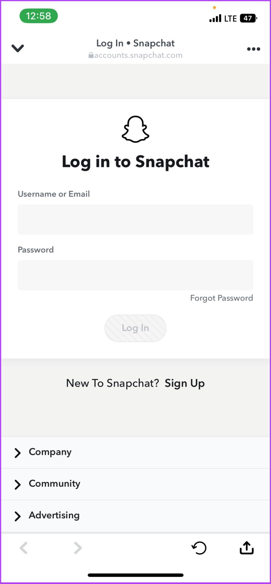 Log in to your Snapchat account