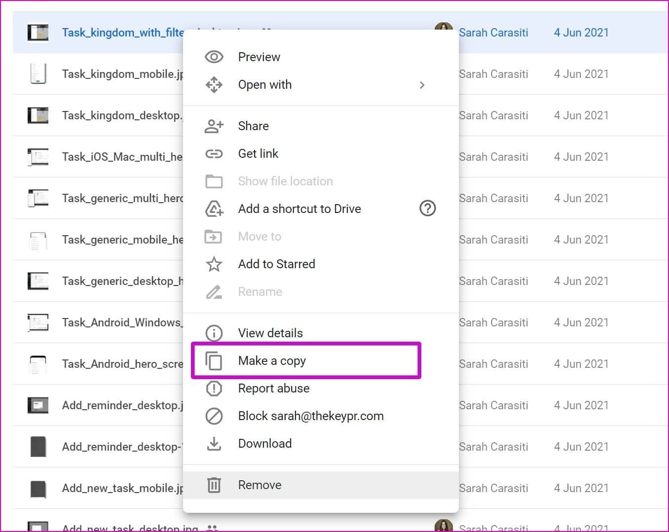 Make a copy from shared file remove shared files from Google Drive
