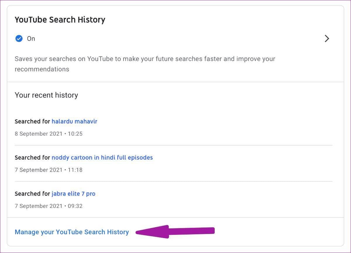 Manage youtube search history on web