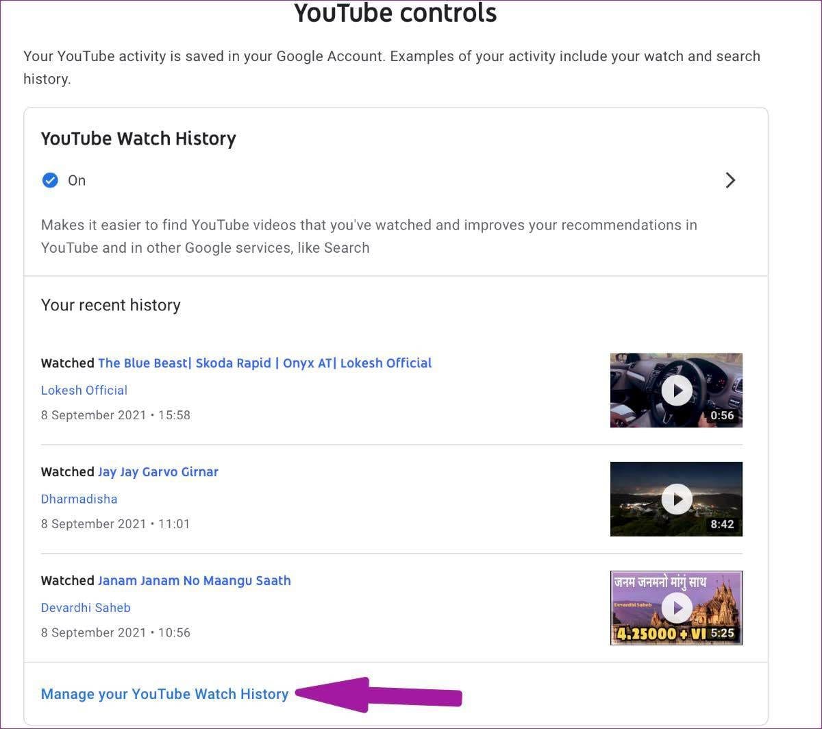 Manage youtube watch history on web