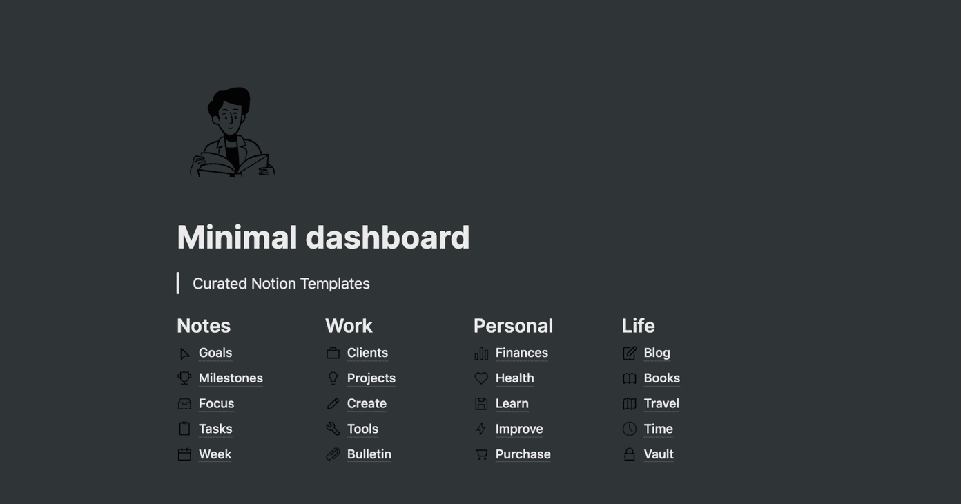 Minimal dashboard notion template
