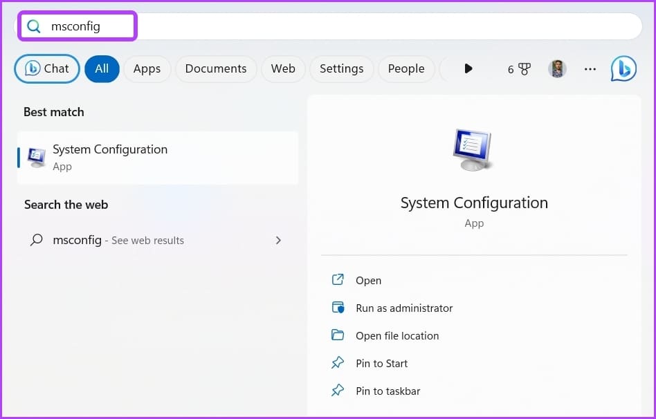 msconfig in Start menu