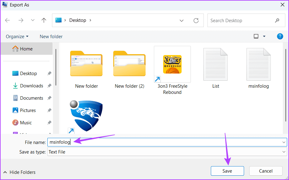 msinfolog file in Save as menu