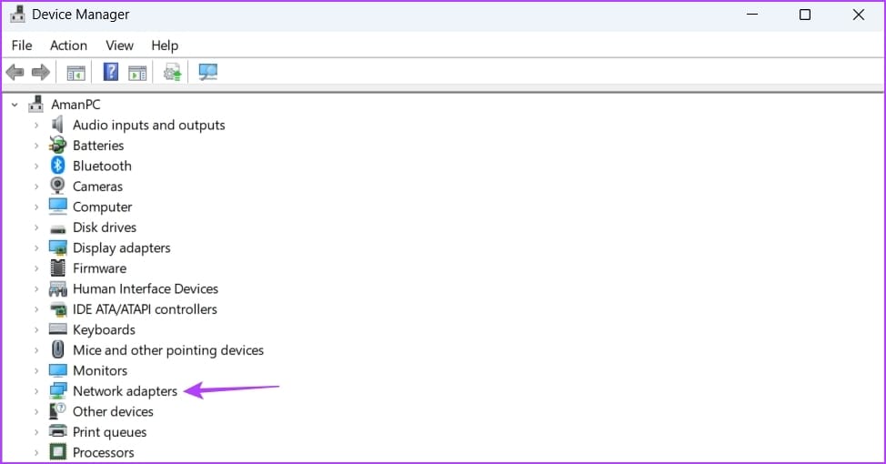 network adapters option in Device Manager