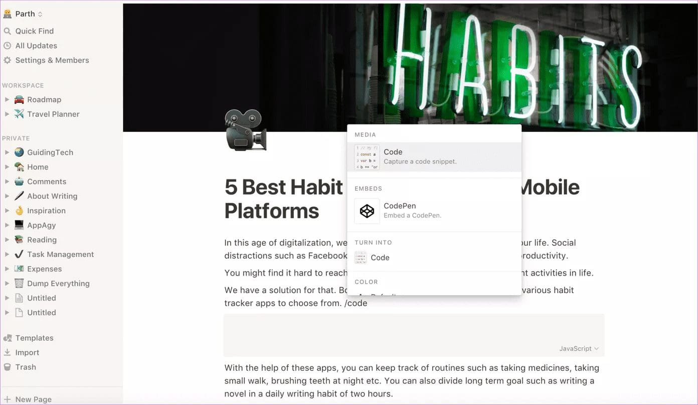 Notion code block