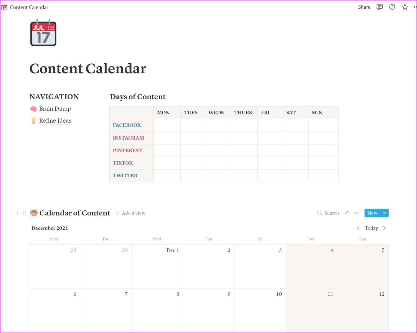 Notion content calendar