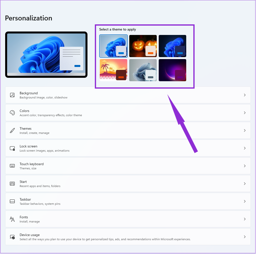 One of the thumbnails on the right to change the theme